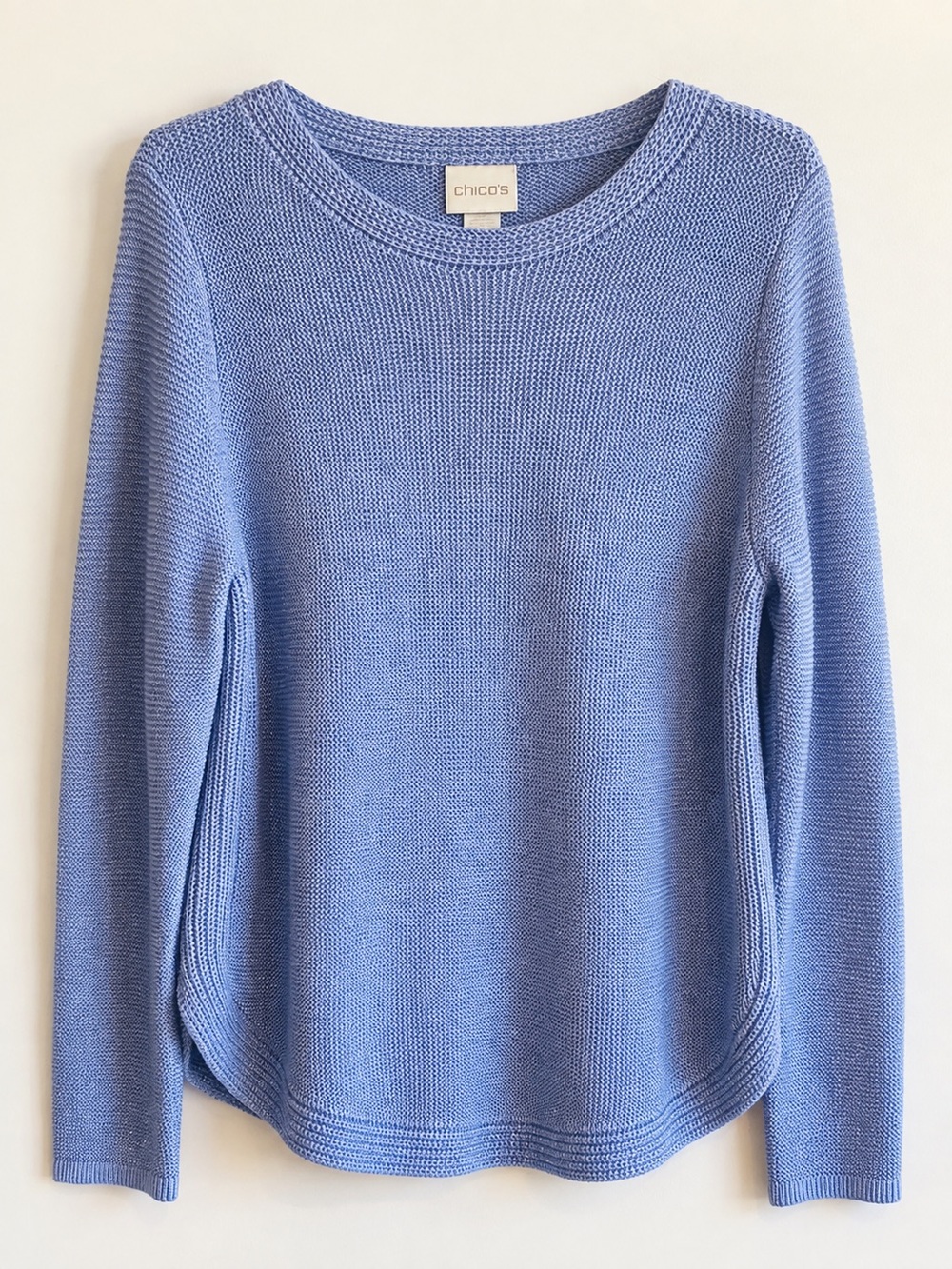 Chico’s Size 3 Blue Metallic Knit Sweater Crew Neck Long Sleeve